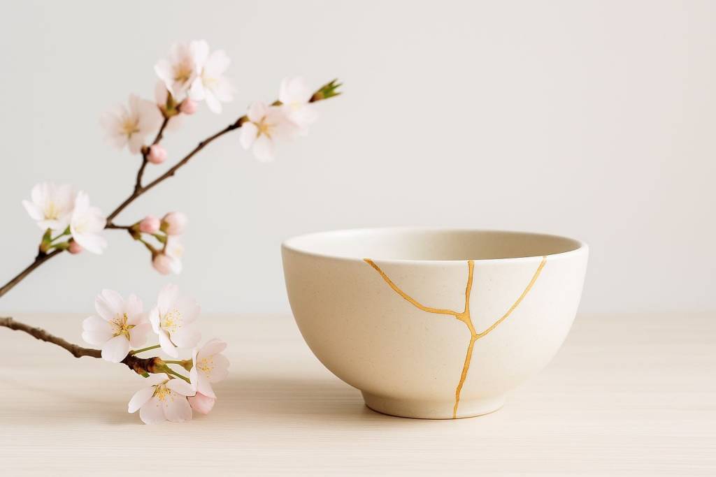 un bol blanc aux lignes pures accompagné d'une branche de cerisier en fleur pour symboliser l'esprit du kintsugi et l'introspection